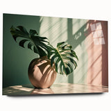Botanical wall art collection featuring a Monstera design printed on acrylic glass, showcasing vibrant green leaves and a sleek side view, perfect for home decor.