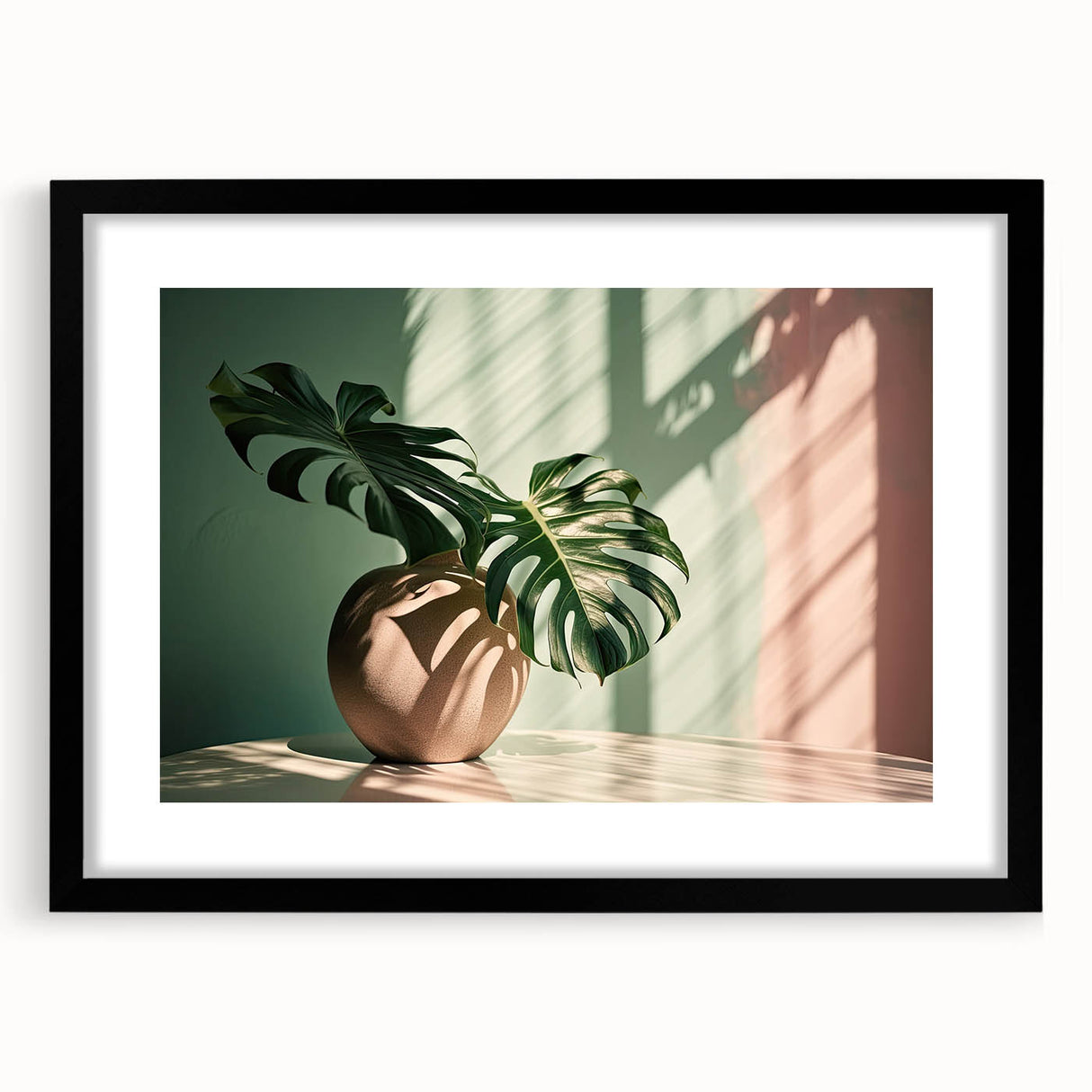 Botanical monstera wall art design in a black frame with a mat, showcasing vibrant green foliage against a neutral backdrop, ideal for modern decor.