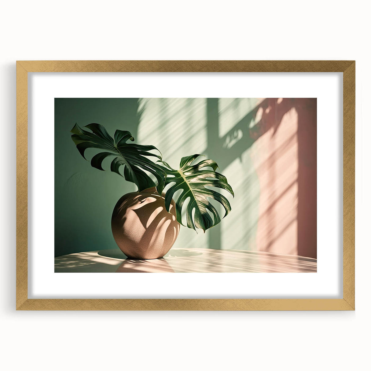 Botanical wall art print featuring a vibrant Monstera leaf design, elegantly framed with a gold mat, perfect for modern home decor. Ideal for plant lovers.