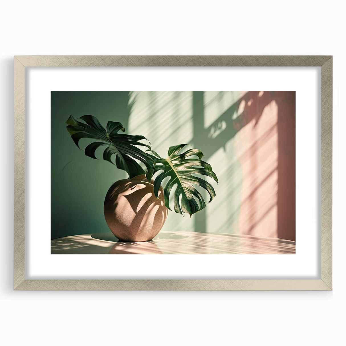 Botanical wall art featuring a stunning monstera leaf design in a sleek silver frame with a mat, perfect for modern home decor, showcasing vibrant green hues.