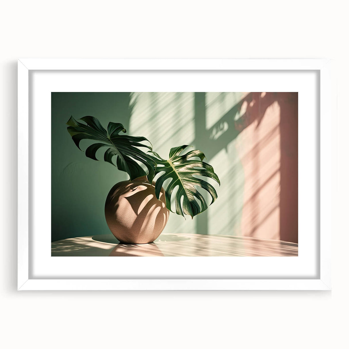 Botanical wall art featuring a Monstera plant design, framed with a white mat, showcasing vibrant green leaves against a minimalist background, perfect for home decor.
