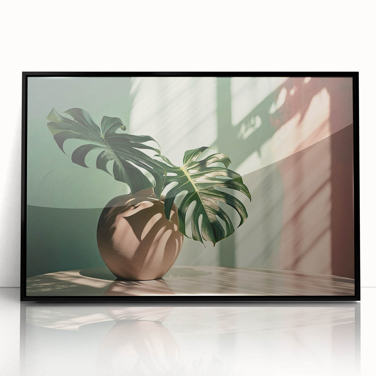 Framed wall art featuring a botanical Monstera design, showcasing vibrant green leaves against a black background, ideal for modern home decor.
