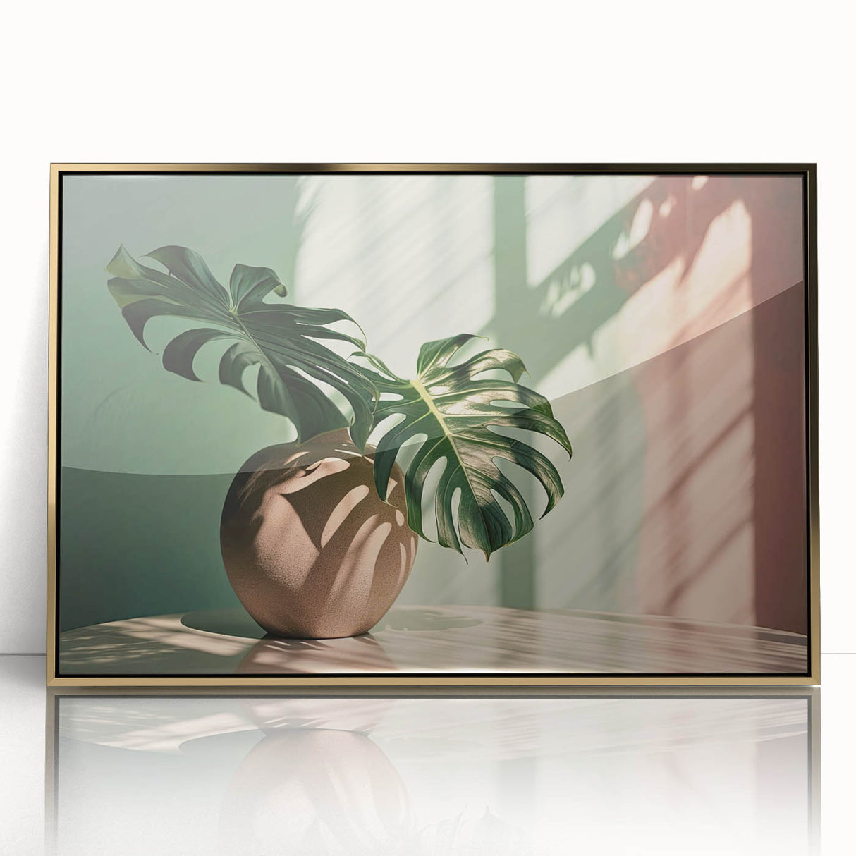 Framed botanical wall art featuring a vibrant Monstera plant design with gold accents, showcasing lush green leaves against a neutral background, perfect for home decor.