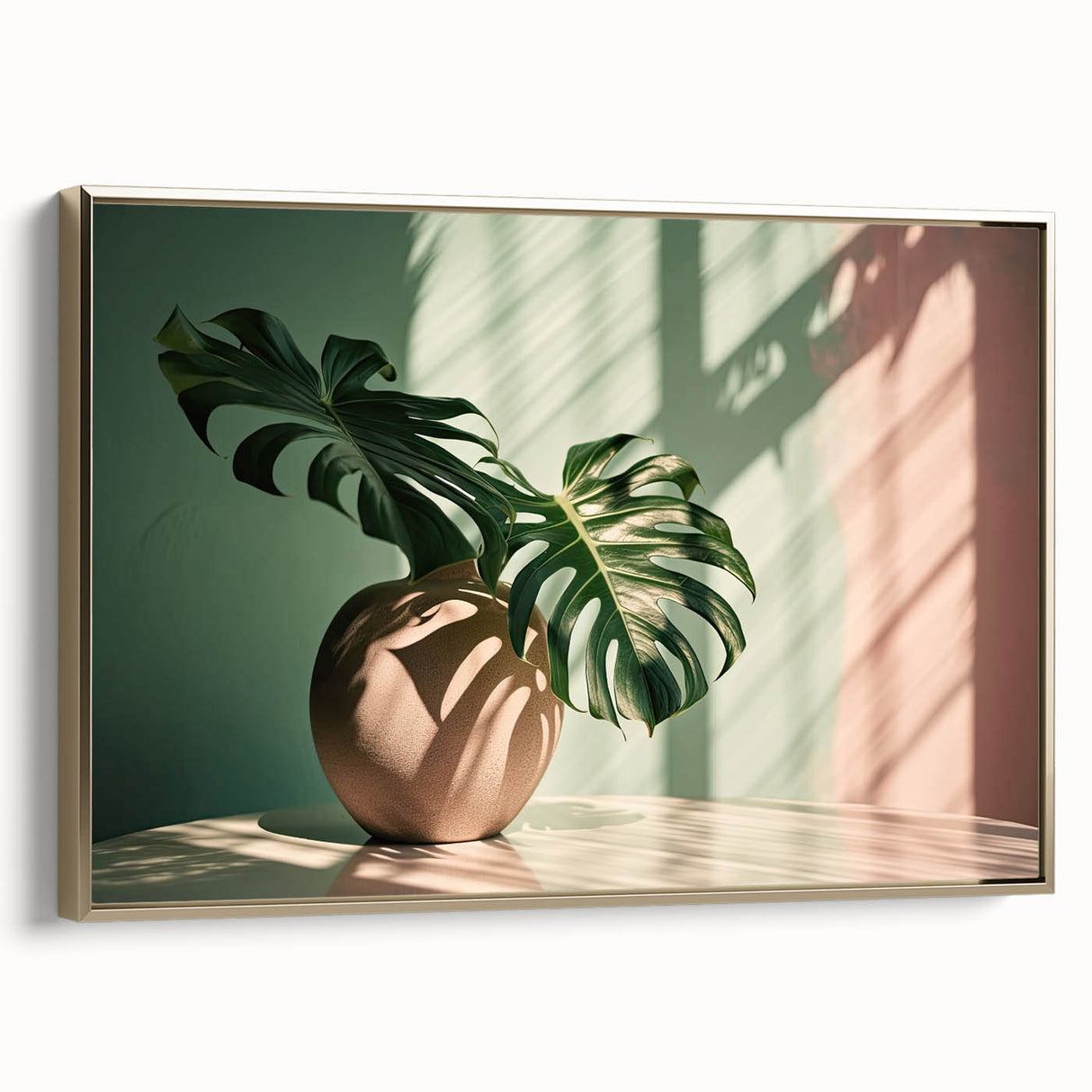 Framed canvas wall art featuring a botanical monstera design with gold accents, displayed from the side to highlight its elegant frame and vibrant color contrast. Perfect for enhancing home decor with a touch of nature-inspired elegance.