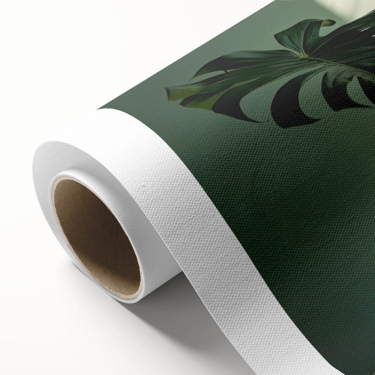 Botanical wall art featuring a vibrant Monstera leaf design on rolled canvas, showcasing rich green hues and intricate details, perfect for modern home decor.