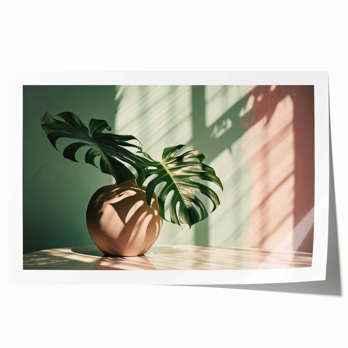 Botanical art print featuring a vibrant monstera leaf design on a textured background, rolled and ready for display, ideal for home decor enthusiasts.