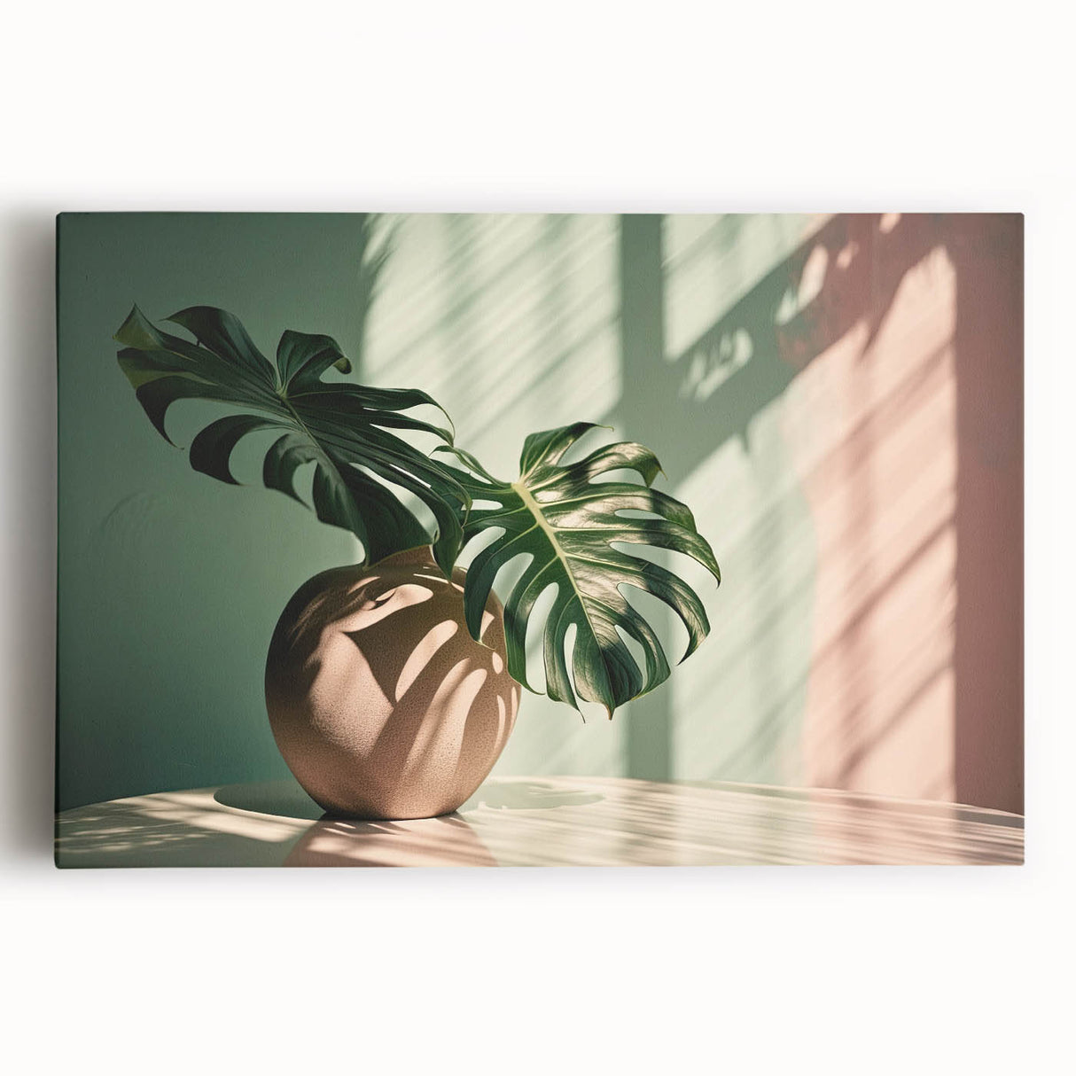 Botanical wall art featuring a vibrant Monstera leaf design on stretched canvas, showcasing rich green hues against a light background, ideal for home decor.