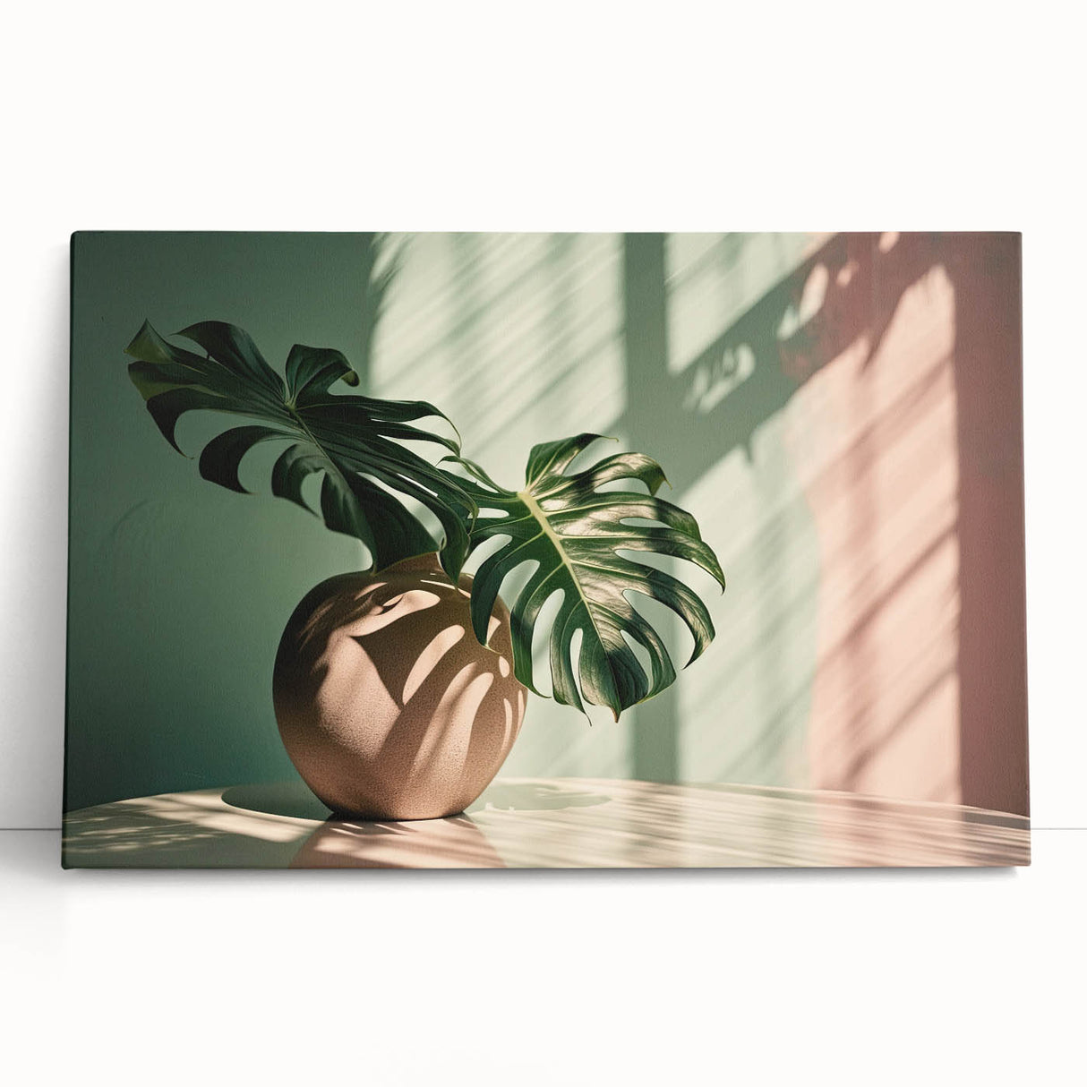 Vibrant botanical wall art featuring a Monstera plant design on a stretched canvas, elegantly leaning against a neutral background, perfect for modern decor.