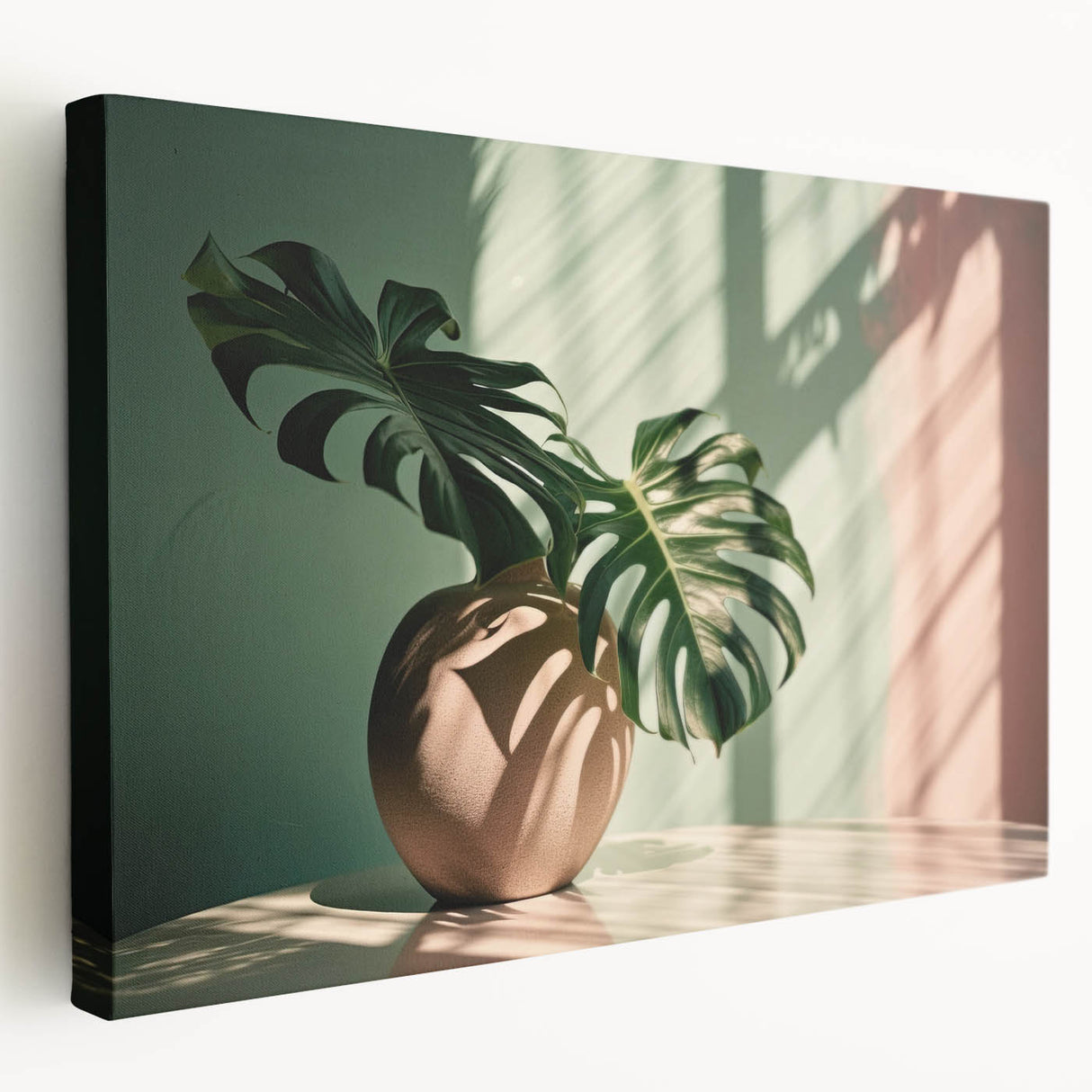 Stretched canvas wall art showcasing a botanical design featuring a Monstera plant, displayed from the side to highlight its vibrant green leaves and intricate details.