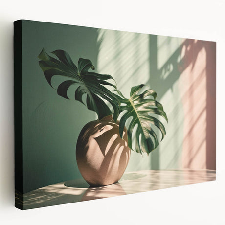 Stretched canvas wall art showcasing a botanical design featuring a Monstera plant, displayed from the side to highlight its vibrant green leaves and intricate details.