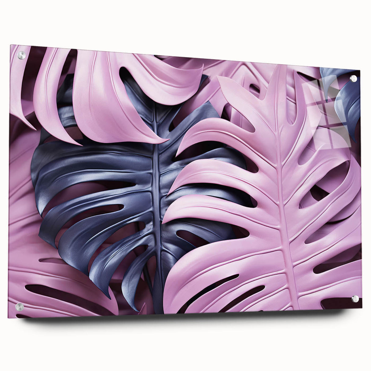 Side view of a botanical wall art piece featuring a vibrant Monstera design, framed with acrylic glass and secured with decorative pins, perfect for home decor.