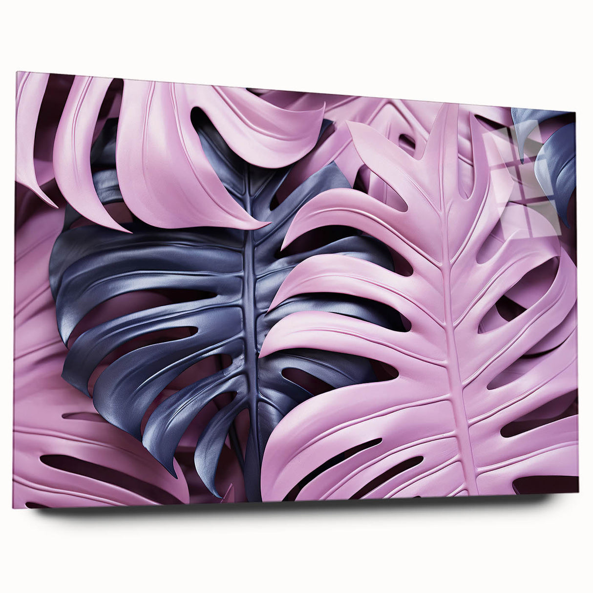 Acrylic glass wall art featuring a botanical monstera design, showcasing vibrant green leaves on a transparent background, ideal for modern home decor.