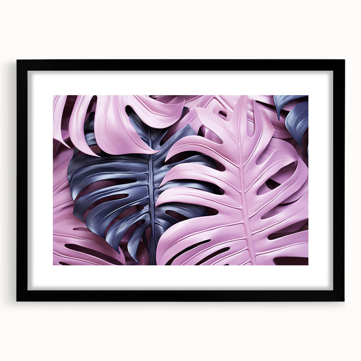 Botanical monstera wall art design in a sleek black frame with mat, highlighting vibrant green leaves and intricate details, perfect for modern decor.