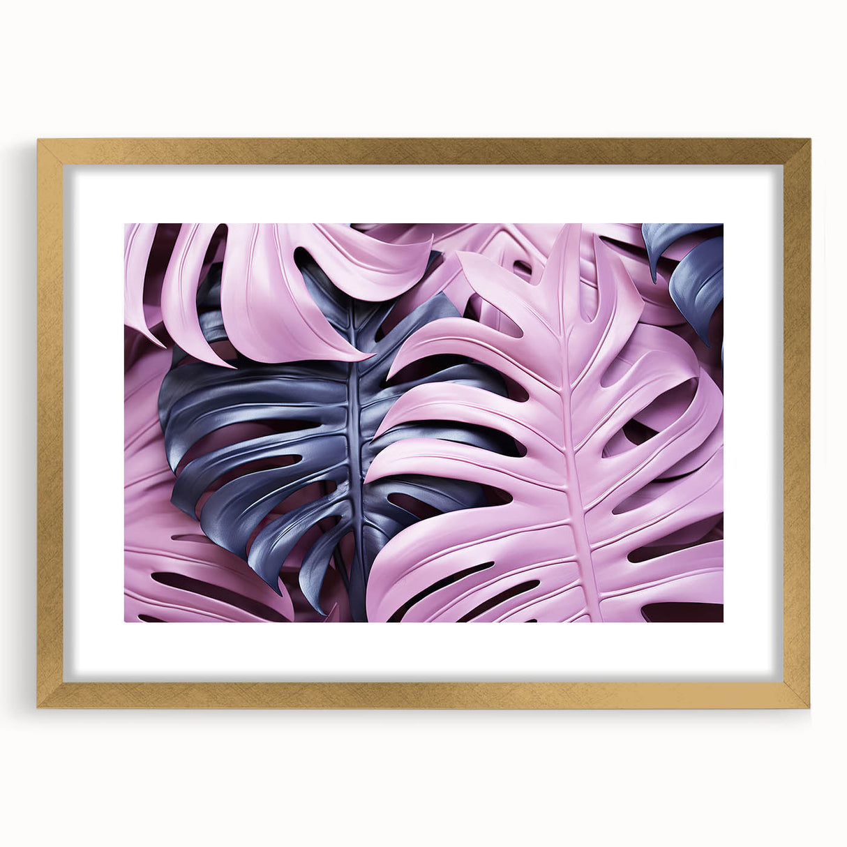 Botanical monstera wall art print in a gold frame with matting, showcasing vibrant green foliage against a neutral background, perfect for home decor enthusiasts.