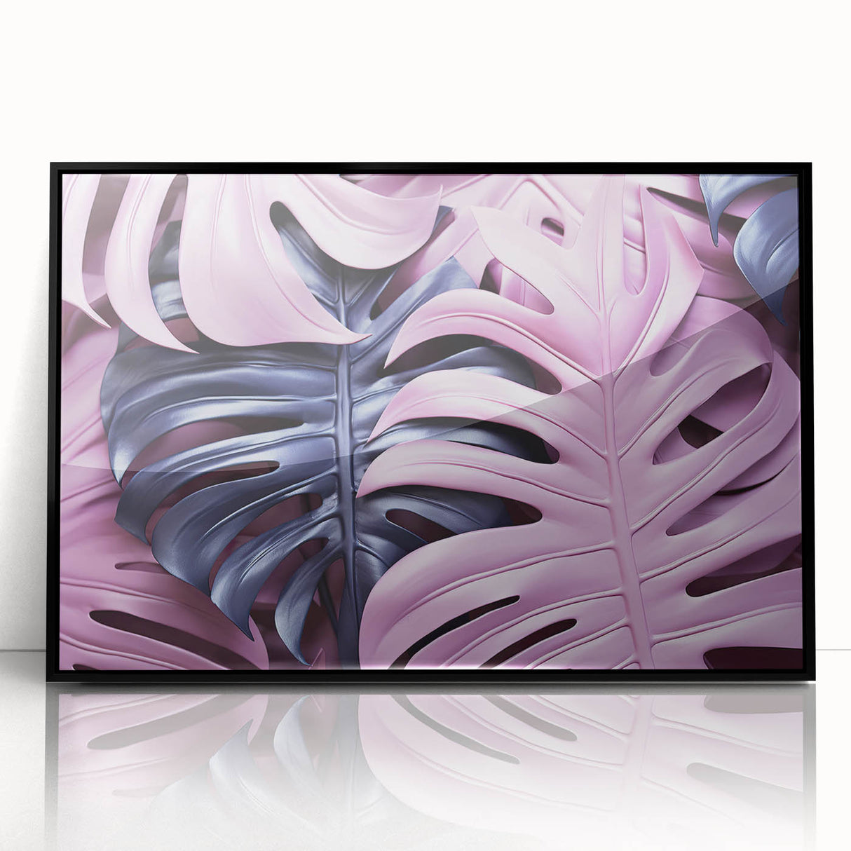 Framed wall art showcasing a vibrant monstera leaf design in a black acrylic frame. Perfect for adding a touch of nature to modern home decor, this botanical print enhances any living space.