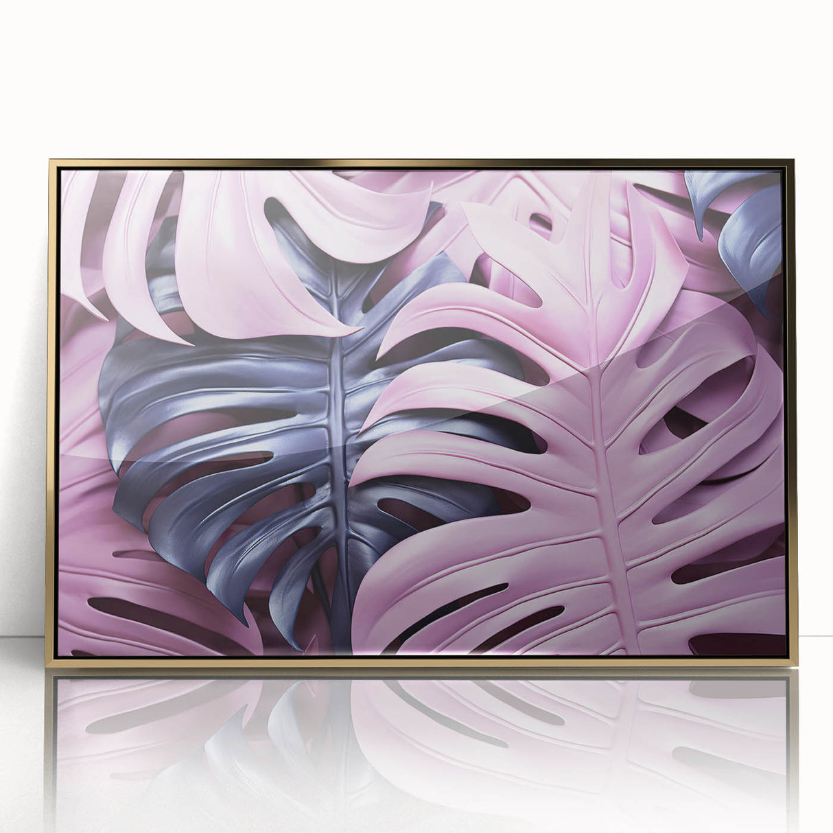 Framed wall art featuring a botanical monstera design, with vibrant green leaves and a sleek gold frame, perfect for modern home decor.