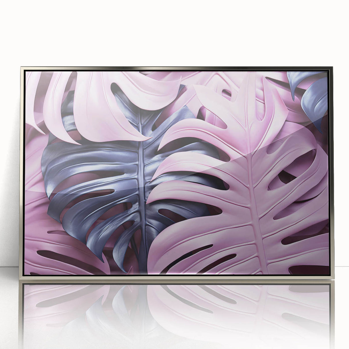 Framed wall art featuring a botanical design of a Monstera plant, displayed in a sleek silver frame, perfect for enhancing modern interior decor and adding a touch of nature.