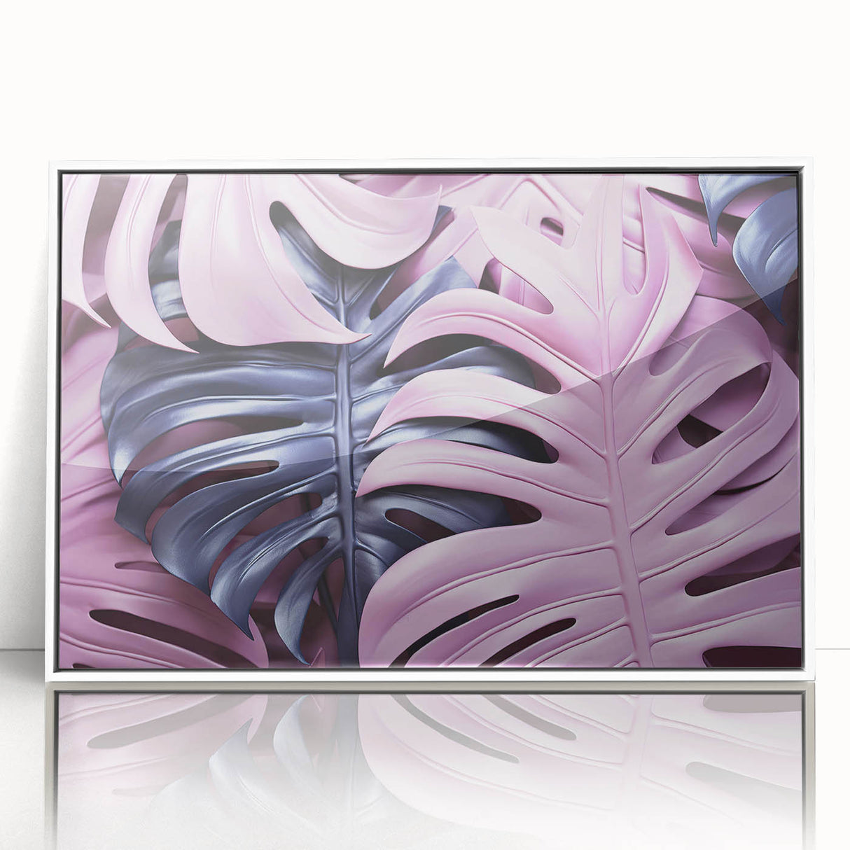 Framed wall art featuring a vibrant botanical Monstera design, showcasing lush green leaves on a white background, perfect for modern home decor.