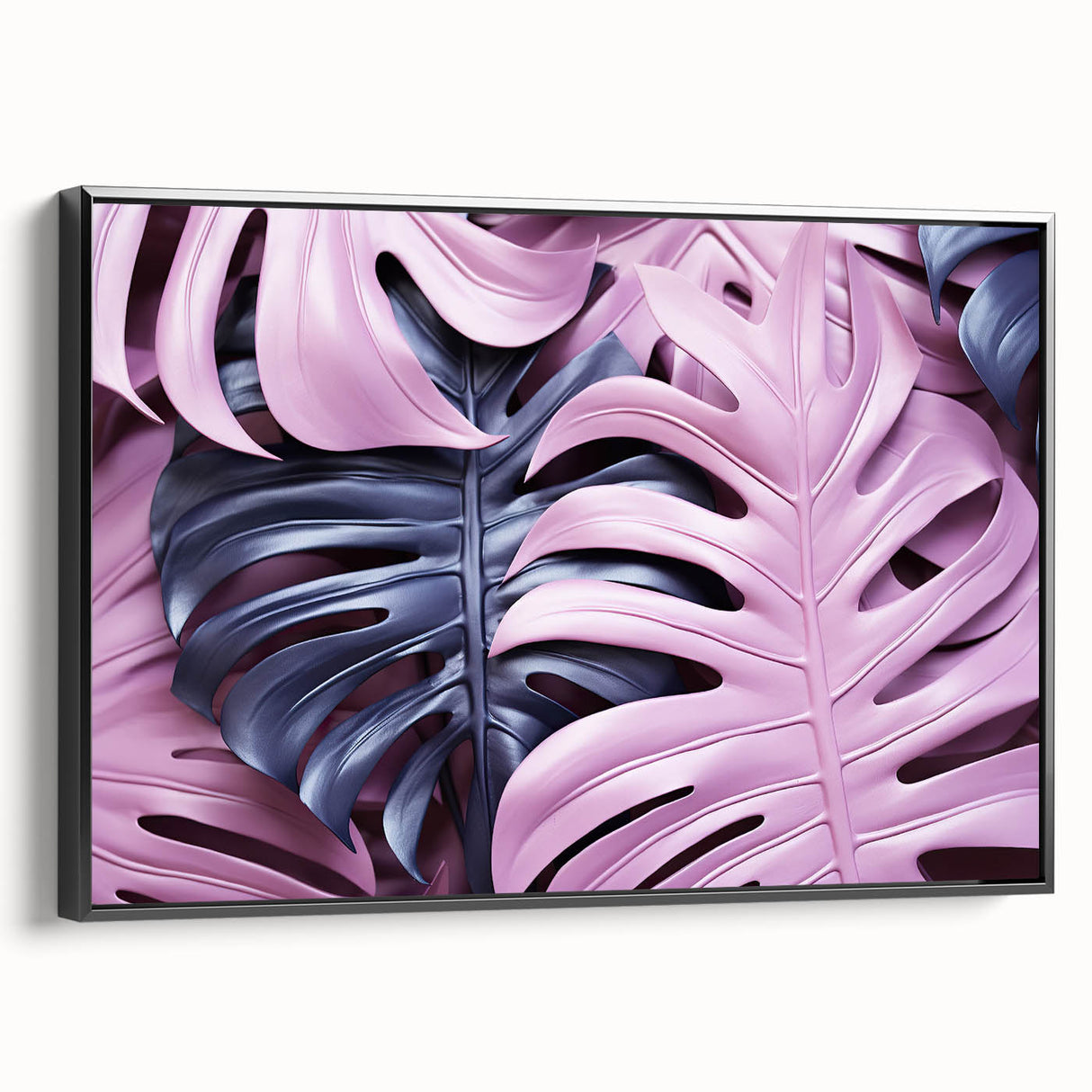 Framed canvas wall art showcasing a botanical monstera design, featuring vibrant green leaves on a black background, viewed from the side, ideal for modern decor.