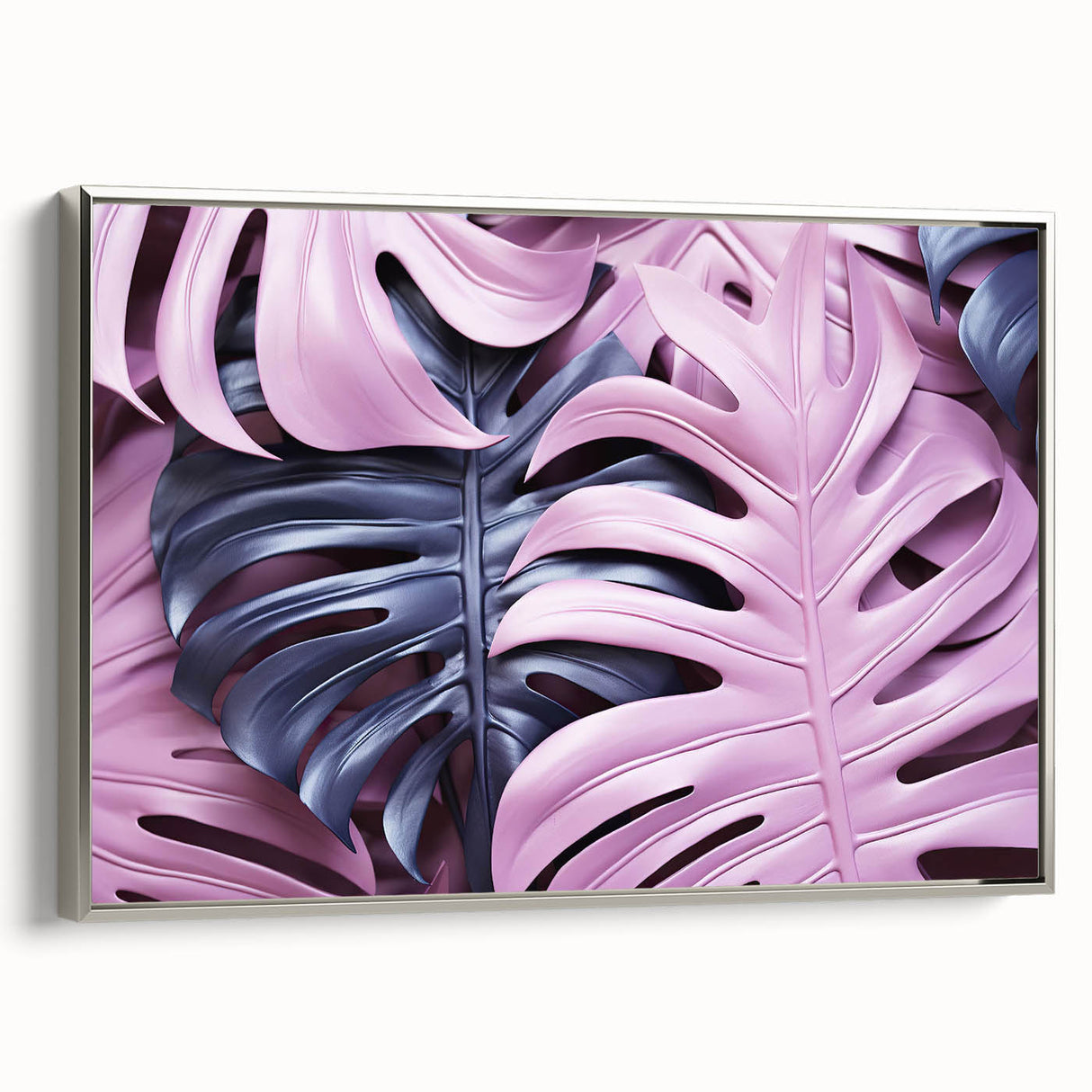 Framed canvas wall art showcasing a botanical monstera design in vibrant green tones, elegantly displayed with a silver frame, adding a touch of nature and sophistication to interior decor.