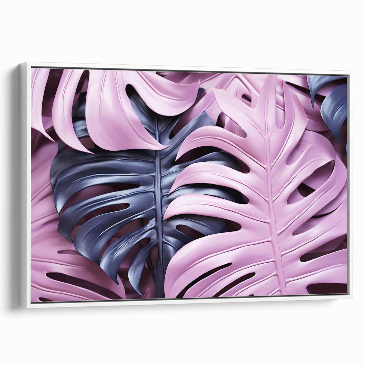 Framed botanical wall art featuring a vibrant monstera leaf design on a white background, showcasing a modern and elegant aesthetic ideal for home decor.
