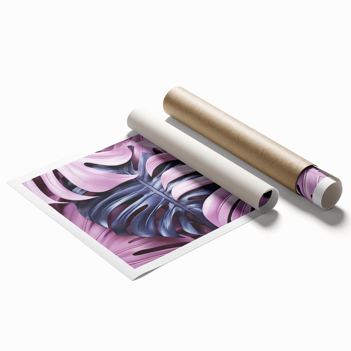 Botanical wall art print showcasing a vibrant monstera leaf design, elegantly rolled for shipping, ideal for home decor enthusiasts seeking a tropical aesthetic.