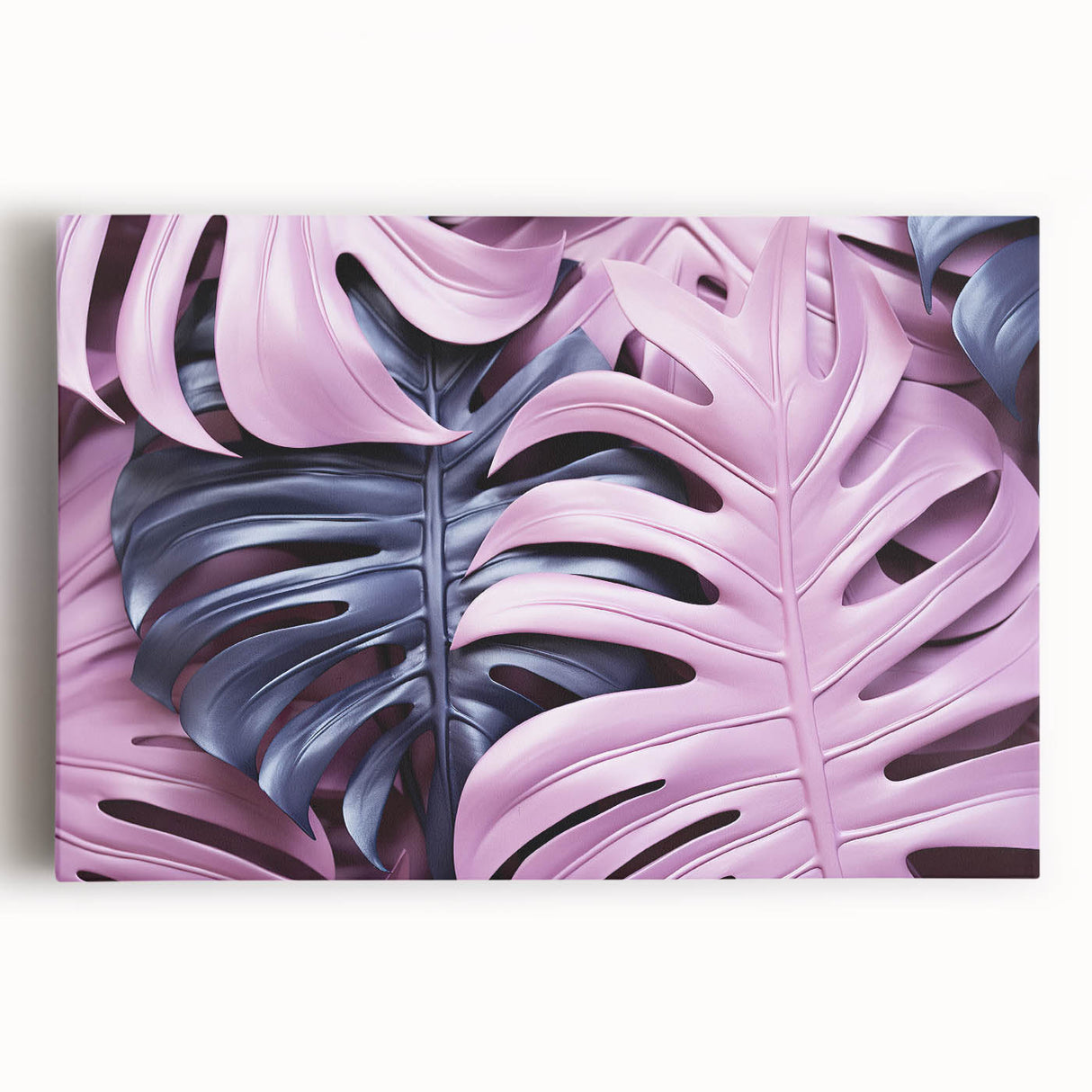 Botanical wall art design featuring a vibrant Monstera plant on stretched canvas, showcasing rich green hues and intricate detailing, perfect for home decor.