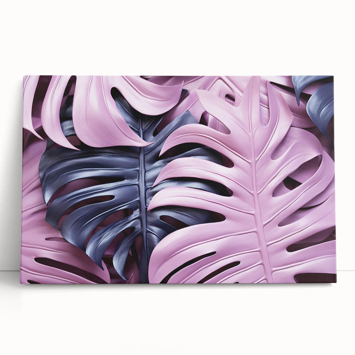 Vibrant botanical wall art featuring a Monstera plant design on stretched canvas, elegantly leaning against a neutral backdrop, perfect for home decor.
