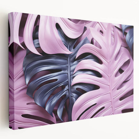 Stretched canvas wall art showcasing a vibrant Monstera leaf design, perfect for botanical-themed decor, displayed in a side view to highlight its texture and colors.