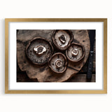 Botanical wall art collection showcasing vibrant flowers and mushrooms, framed with a gold mat, ideal for enhancing home decor with nature-inspired elegance.