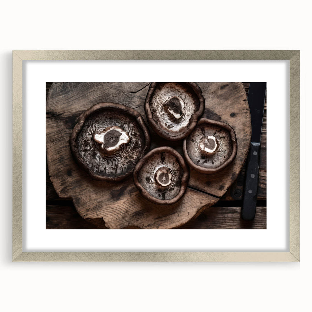 Botanical wall art featuring an intricate design of colorful flowers and mushrooms, elegantly framed with a silver mat, perfect for enhancing home decor.