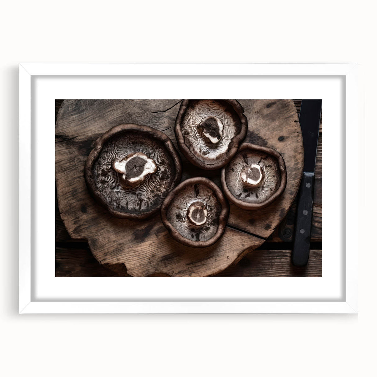 Botanical wall art featuring a vibrant floral and mushroom design, framed with a white mat, showcasing intricate details and colors, perfect for home decor.