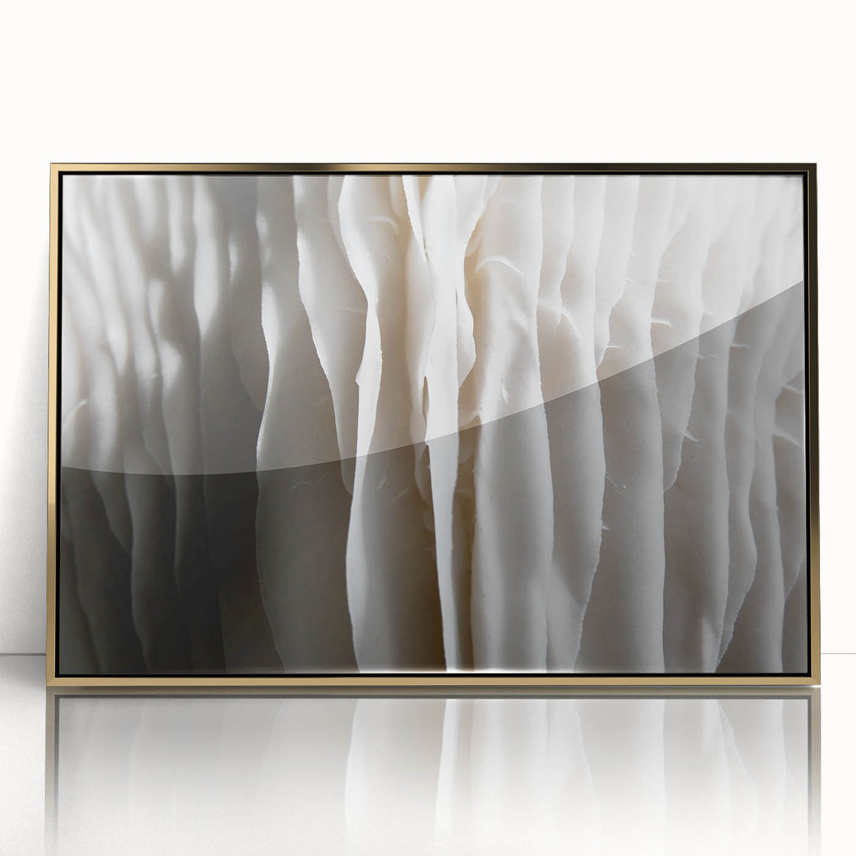 Framed wall art featuring a botanical design with colorful flowers and mushrooms, encased in a sleek gold frame, ideal for enhancing modern home decor.