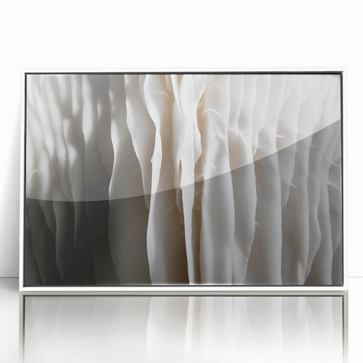 Framed wall art featuring an intricate botanical design of colorful flowers and mushrooms, presented in a sleek white frame, adding a vibrant touch to home decor.