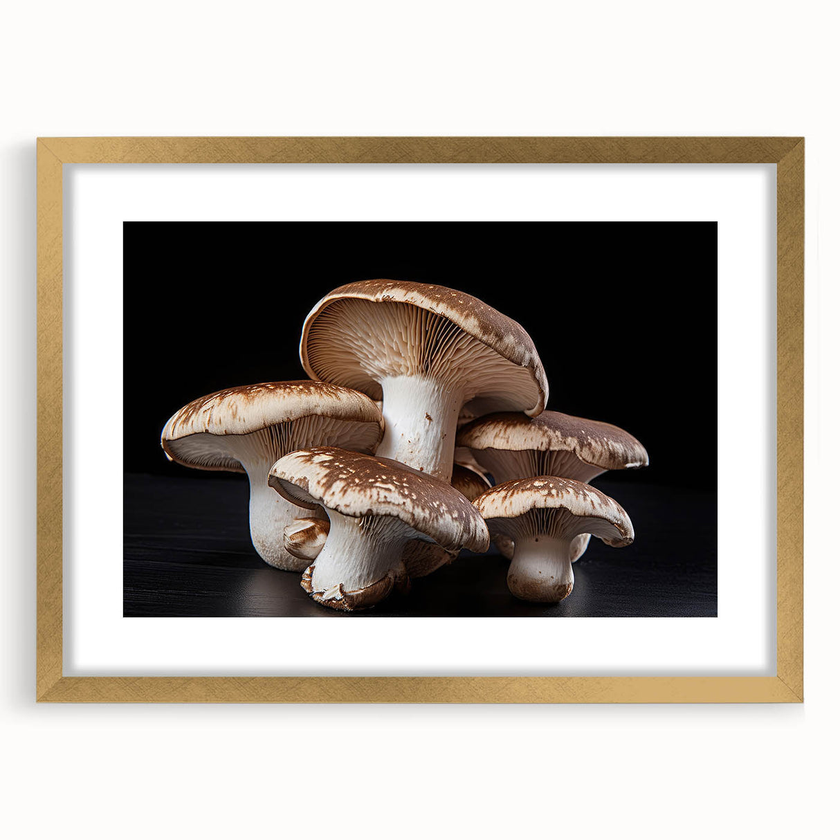 Botanical wall art collection featuring vibrant flowers and mushrooms in a gold frame with matting, showcasing intricate details and colors for elegant home decor.