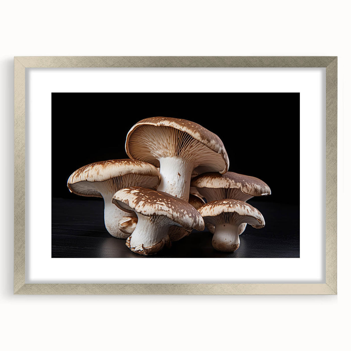 Botanical wall art collection featuring an elegant design of colorful flowers and mushrooms in a silver frame with a mat, perfect for home decor.