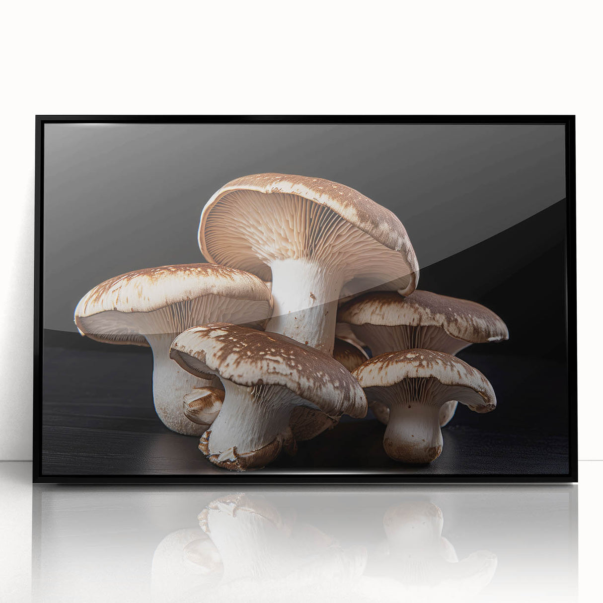 Framed wall art featuring a botanical design of colorful mushrooms and flowers, displayed with a sleek black frame, ideal for adding a touch of nature to home decor.