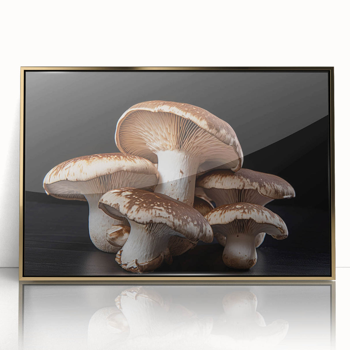 Framed wall art collection showcasing a botanical design of colorful flowers and mushrooms, set in a sleek gold frame for an elegant decor accent.