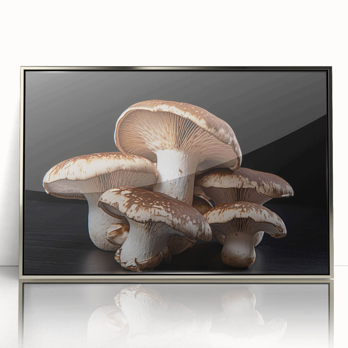 Framed wall art collection showcasing a vibrant botanical design of flowers and mushrooms, featuring a sleek silver frame and acrylic front for a modern touch. This decorative piece adds a natural aesthetic to any interior space, perfect for nature lovers.
