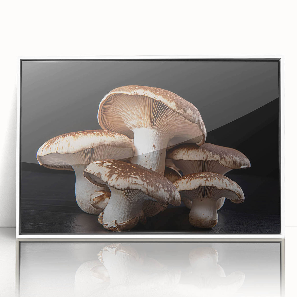 Framed wall art collection showcasing a botanical design with vibrant flowers and mushrooms, set against a white background, perfect for home decor.