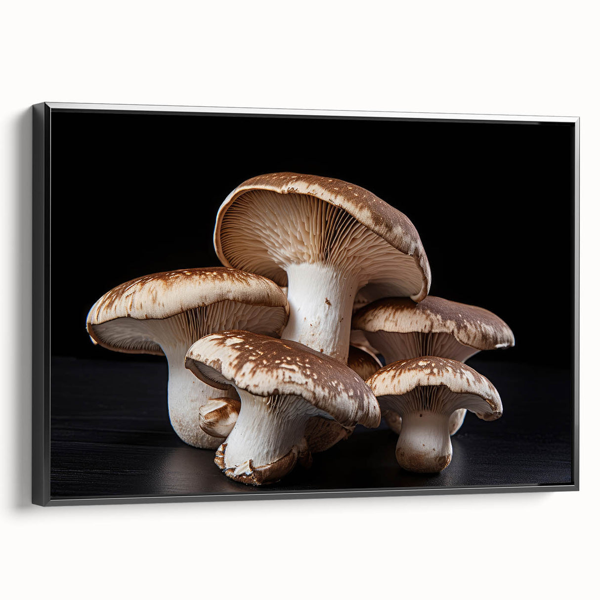 Framed canvas wall art showcasing a botanical design featuring colorful flowers and mushrooms against a black background, providing a modern touch to home decor.