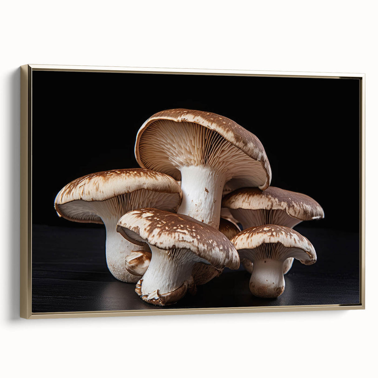 Framed wall art showcasing an intricate botanical design of flowers and mushrooms on a gold side, ideal for enhancing modern home decor aesthetics.