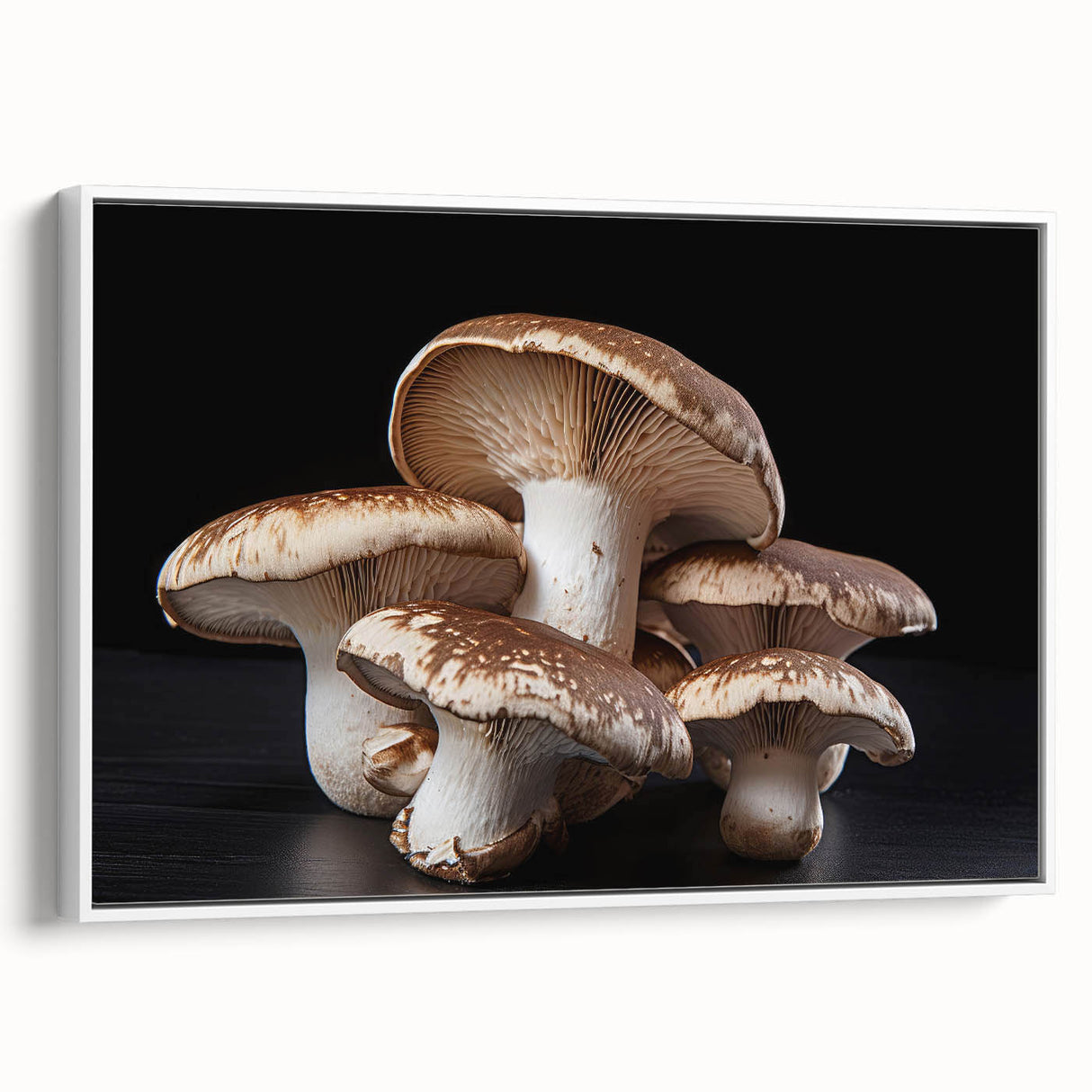 Framed botanical wall art showcasing a vibrant mushroom design on a white canvas, elegantly displayed from the side to highlight its texture and details. Ideal for adding a touch of nature-inspired decor to any space.
