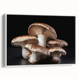 Framed botanical wall art showcasing a vibrant mushroom design on a white canvas, elegantly displayed from the side to highlight its texture and details. Ideal for adding a touch of nature-inspired decor to any space.