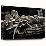 Acrylic glass wall art showcasing a vibrant botanical mushroom design, elegantly displayed from the side with visible pins, ideal for modern home decor.