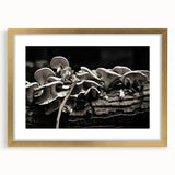 Botanical wall art showcasing a vibrant floral and mushroom design, elegantly framed in gold with a mat for a sophisticated look, perfect for home decor.
