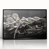 Framed wall art featuring a botanical design of colorful flowers and mushrooms on a black background, showcasing intricate details and a modern aesthetic.