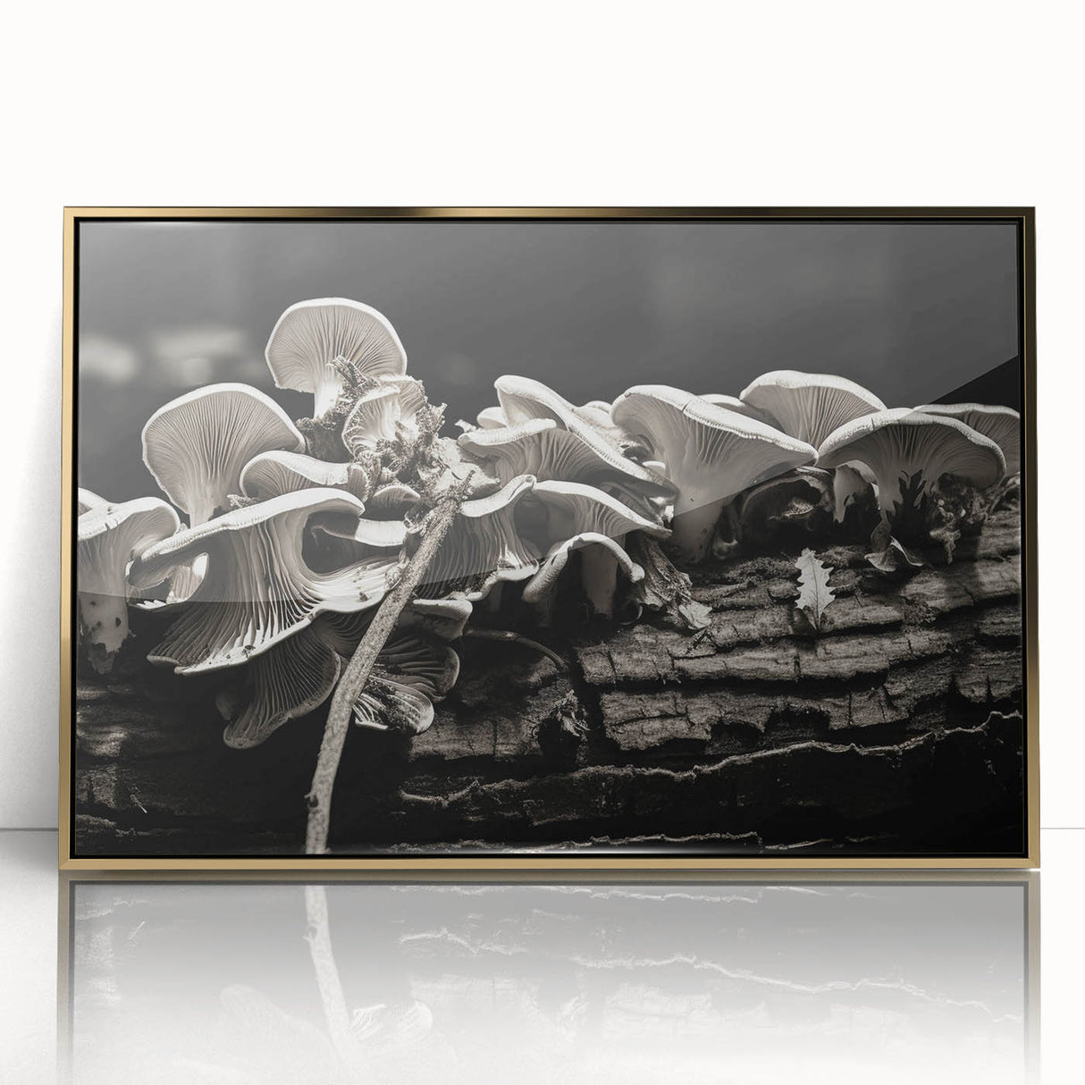 Framed botanical wall art featuring vibrant flowers and mushrooms design, set in an elegant gold frame, ideal for enhancing home decor aesthetics.