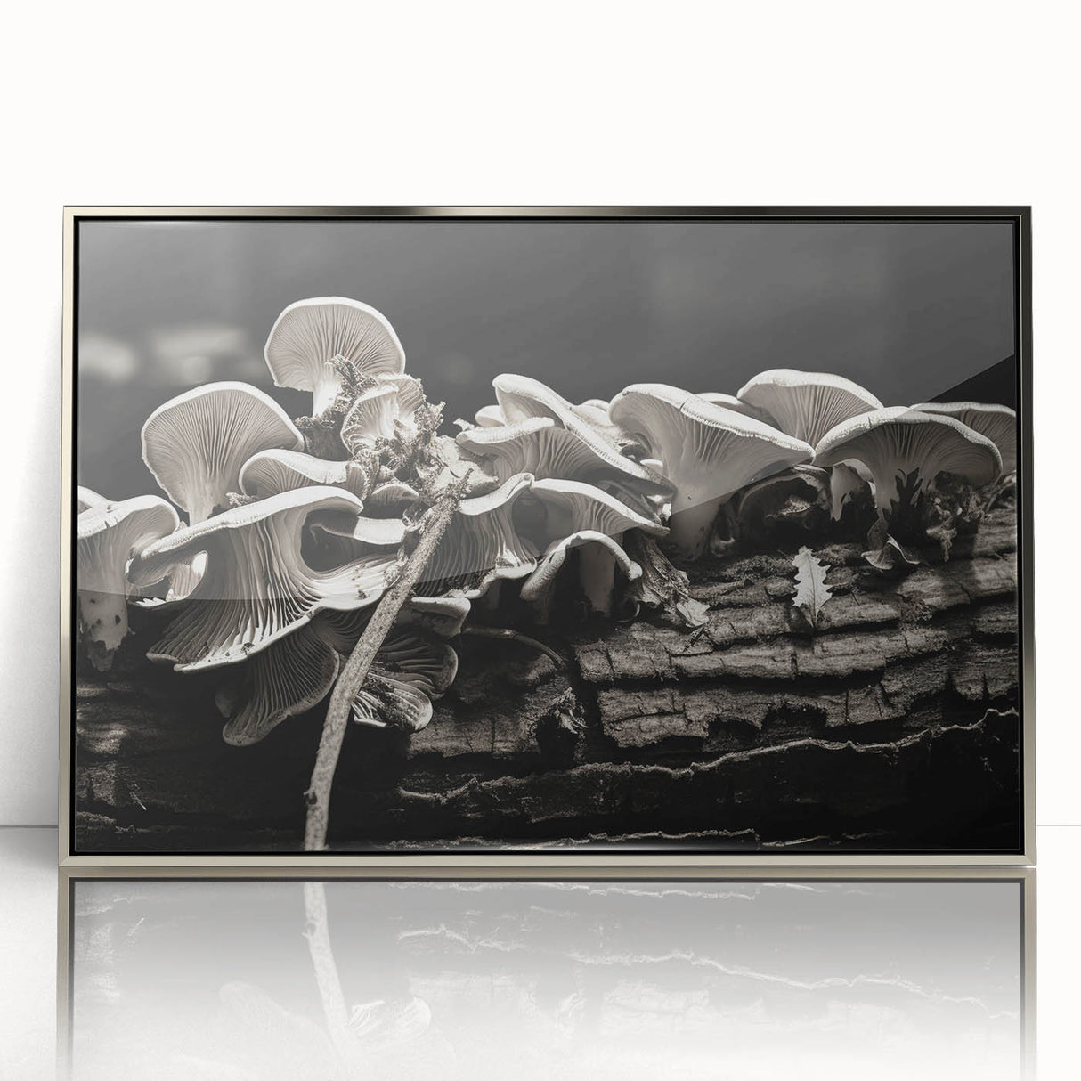 Framed wall art featuring a botanical design of colorful flowers and mushrooms, displayed in a sleek silver frame, perfect for enhancing home decor.