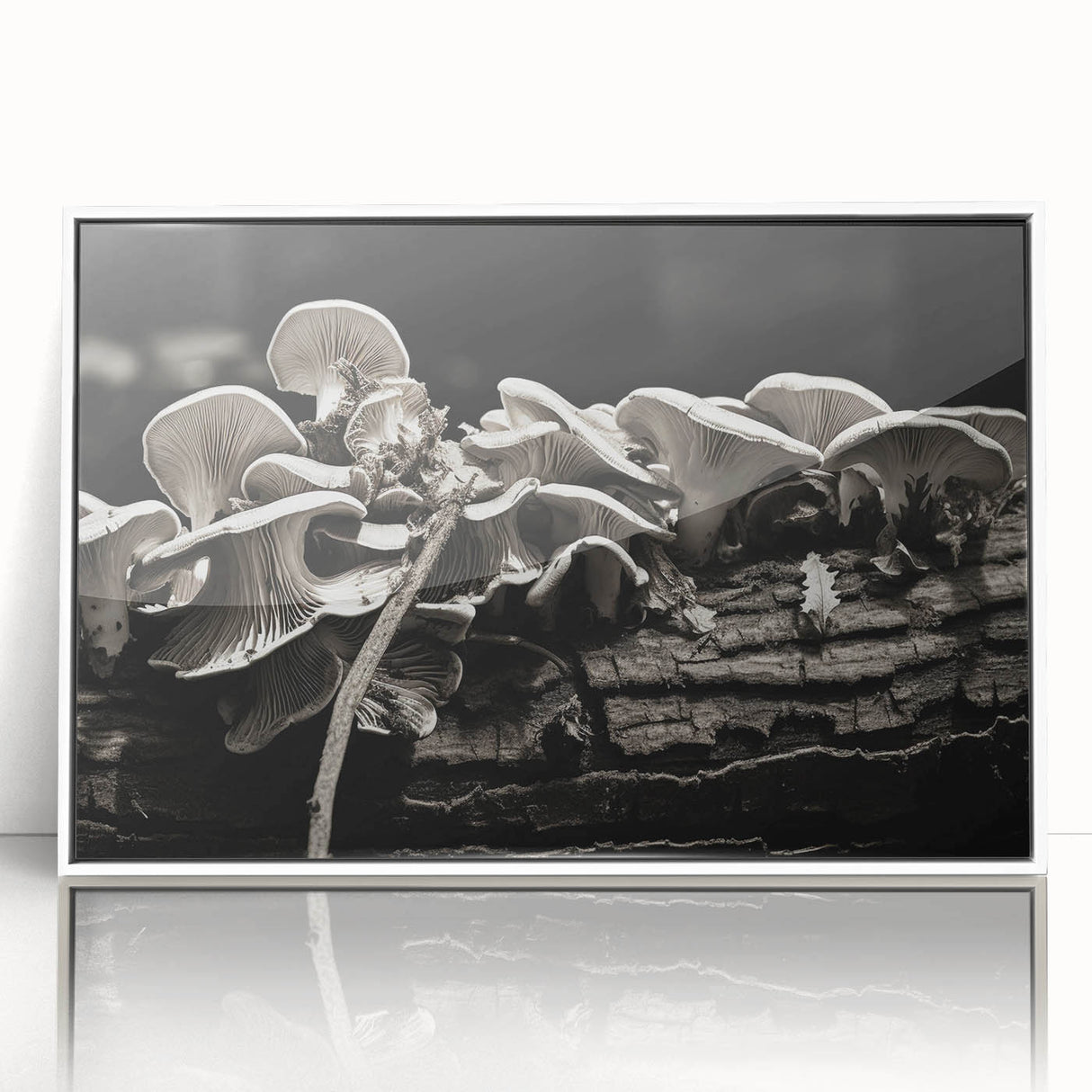 Framed wall art featuring a vibrant botanical design of flowers and mushrooms, displayed in a sleek white frame, perfect for enhancing modern home decor.